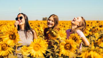 Girls sunflowers field smile happy