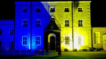 Alderney Island Hall Ukraine flag colours 2020-03