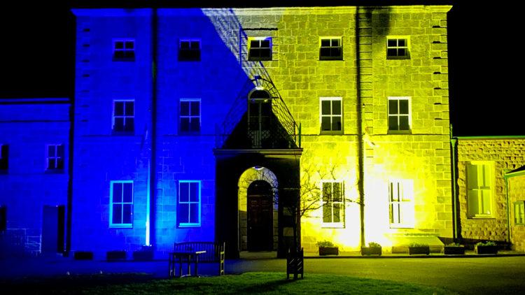 Alderney Island Hall Ukraine flag colours 2020-03
