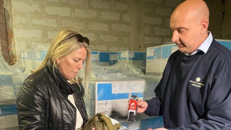 International Development Minister, Deputy Carolyn Labey, with CEO of Crown Agents, Ferus Drake, inspecting trauma kits