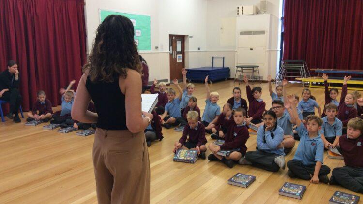 Catherine Stuart delivering Britannica workshop to La Mare Primary students