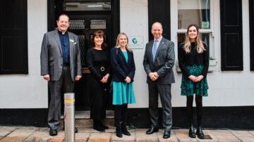 Sanctuary House visit left to right: Trustee Reverend Mark Bond, Trustee Debbie Prosser, Dr Karen Kyd, Vice Admiral Jerry Kyd, General Manager Sarah Tumelty. Photo credit: Max Burnett
