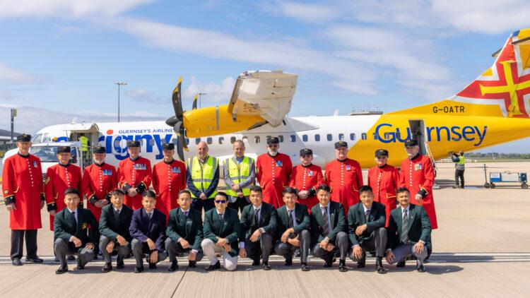 Chelsea Pensioners and Gurkhas arrive for Liberation Day with Aurigny’s help