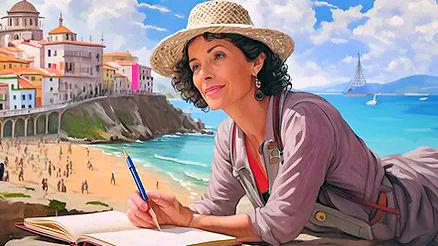 Woman writing on beach ALderney Literary Festival