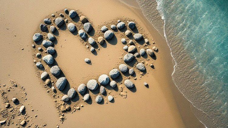 News from around the World - Granite heart on beach